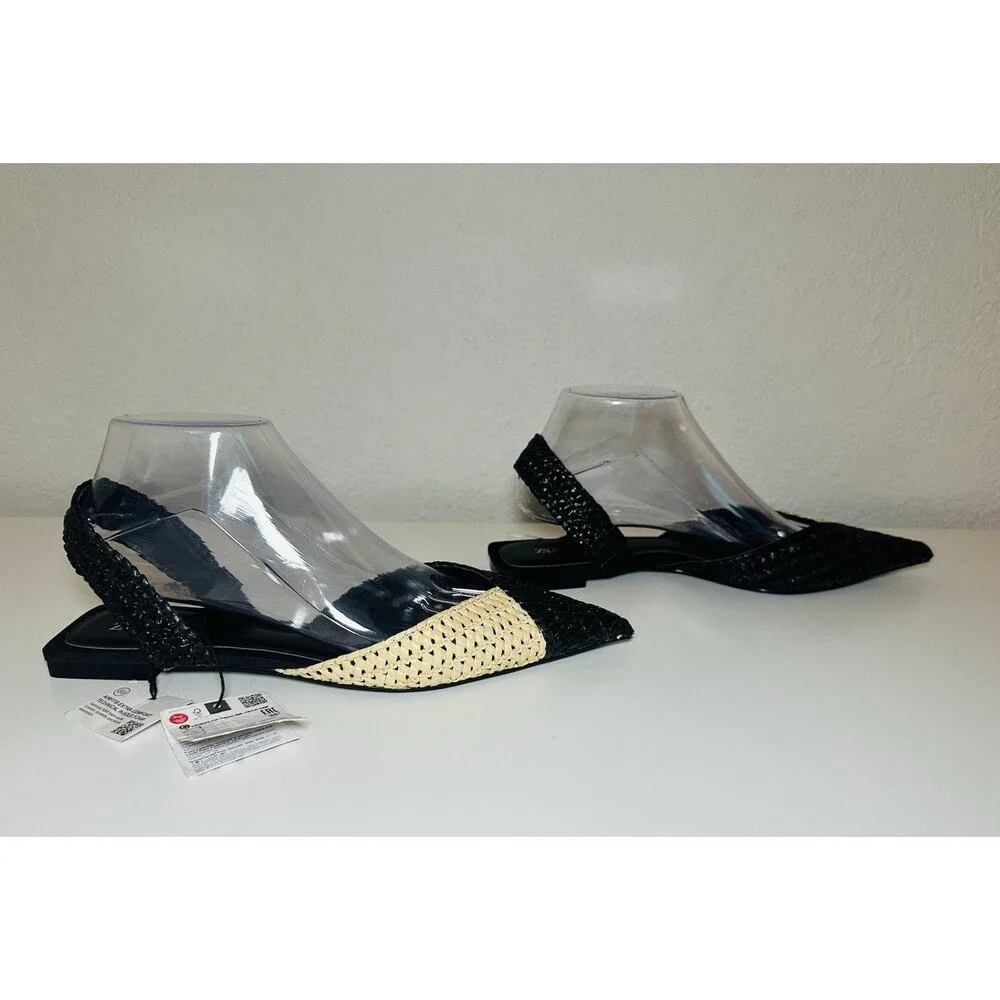 ZARA‎ Woven Rafia Pointed Toe Black Tan Slingback Flat Sandal Women US 7.5 NEW - Picture 4 of 12